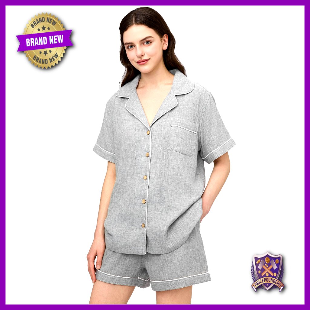Soft Gauze Cotton Pajama Set, Short Sleeve Button Top With Drawstring Shorts